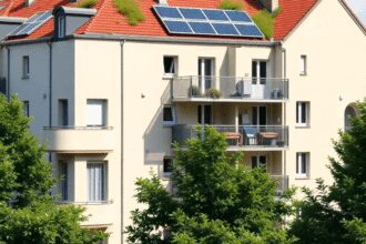Immeuble d'appartements moderne avec panneaux solaires et toits végétalisés, entouré d'arbres luxuriants, présentant une rénovation économe en éner...