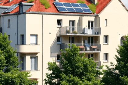 Immeuble d'appartements moderne avec panneaux solaires et toits végétalisés, entouré d'arbres luxuriants, présentant une rénovation économe en éner...