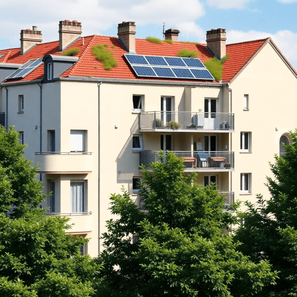 Immeuble d'appartements moderne avec panneaux solaires et toits végétalisés, entouré d'arbres luxuriants, présentant une rénovation économe en éner...