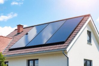 Maison moderne avec un toit solaire thermique élégant intégré à des matériaux de toiture traditionnels sous un ciel ensoleillé, présentant des solu...