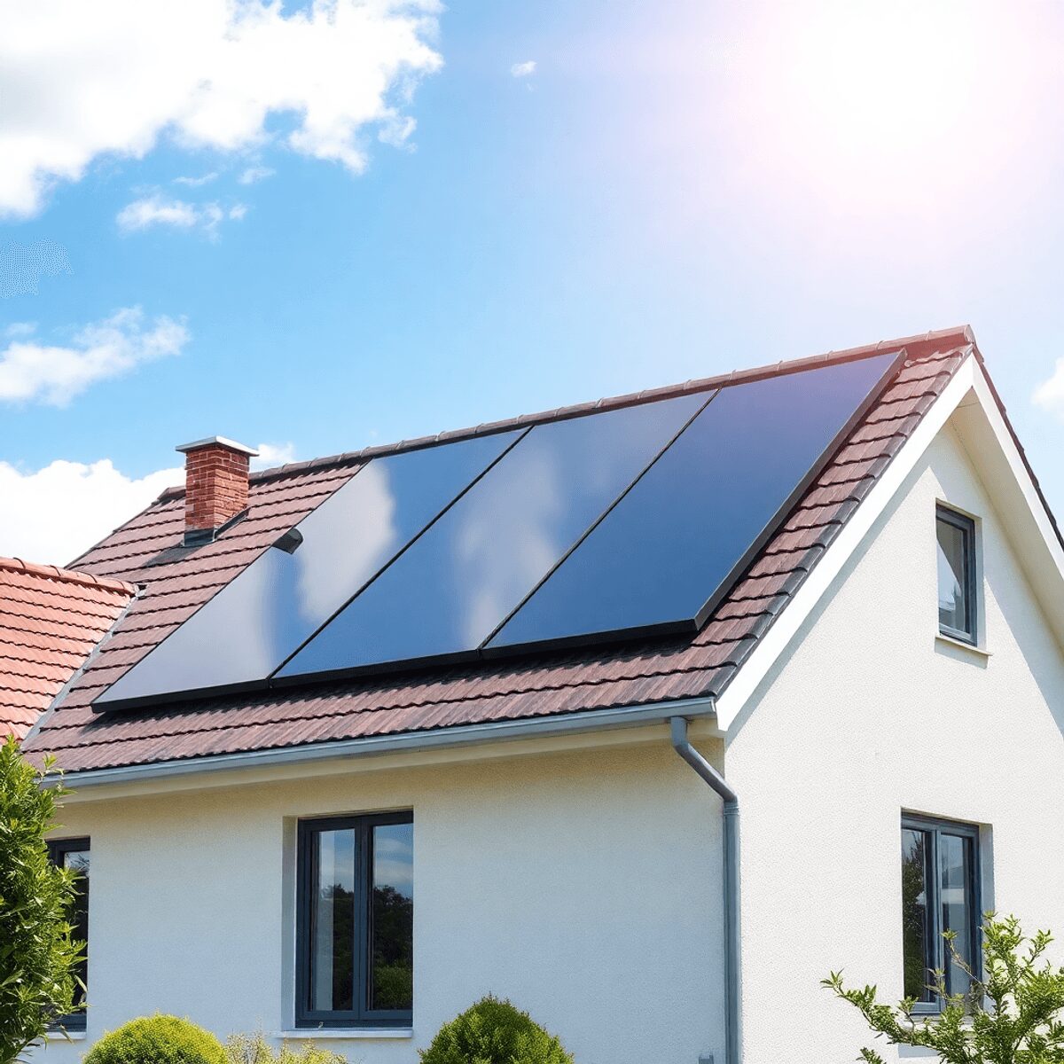 Maison moderne avec un toit solaire thermique élégant intégré à des matériaux de toiture traditionnels sous un ciel ensoleillé, présentant des solu...