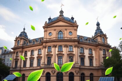Monument historique européen avec une architecture classique entourée de symboles d'énergie verte tels que des feuilles et des panneaux solaires, a...