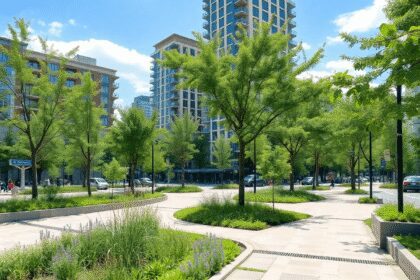 Parc urbain avec pavage perméable, verdure luxuriante, arbres et bâtiments écologiques sous un ciel dégagé dans un style réaliste.