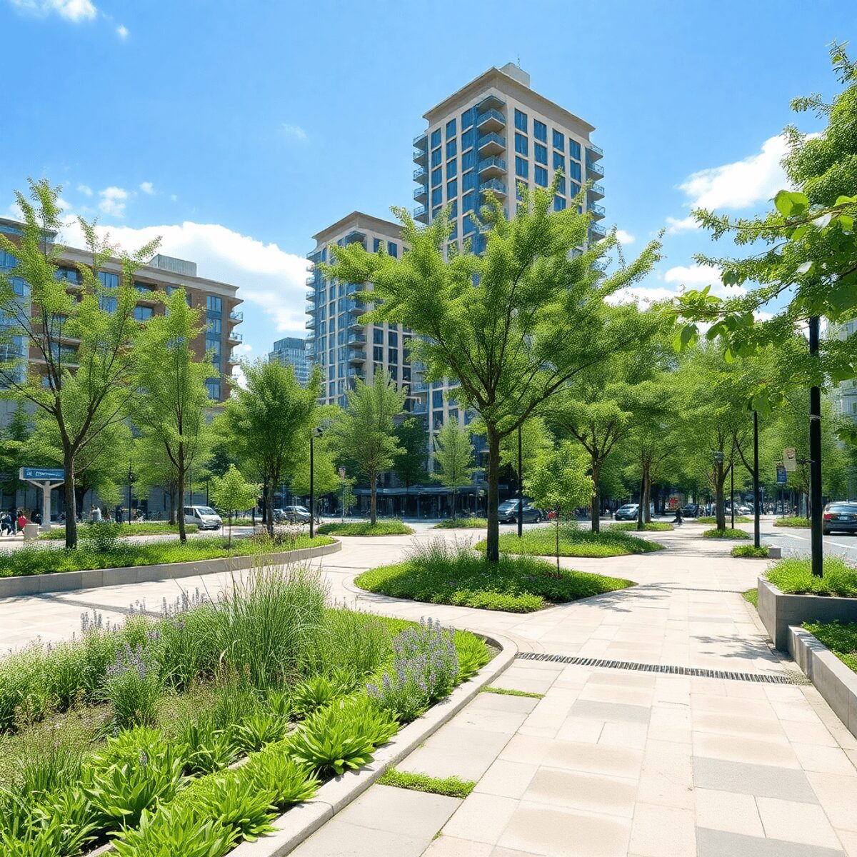 Parc urbain avec pavage perméable, verdure luxuriante, arbres et bâtiments écologiques sous un ciel dégagé dans un style réaliste.