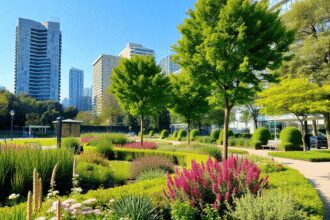 Parc urbain avec une végétation luxuriante, des fleurs colorées, des arbres et des bâtiments modernes de la ville sous un ciel dégagé et ensoleillé...