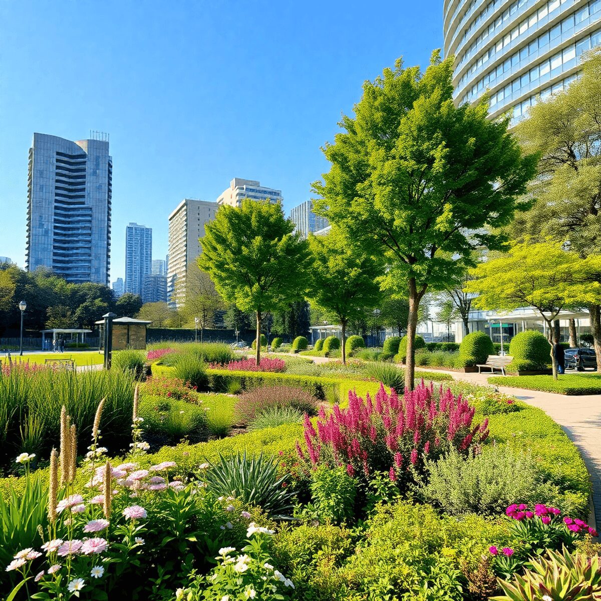 Parc urbain avec une végétation luxuriante, des fleurs colorées, des arbres et des bâtiments modernes de la ville sous un ciel dégagé et ensoleillé...