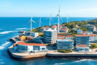 Paysage côtier avec des bâtiments modernes et durables, des éoliennes offshore, des générateurs marémoteurs, des vagues de mer calme et un ciel ble...