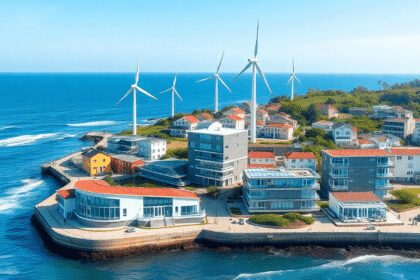 Paysage côtier avec des bâtiments modernes et durables, des éoliennes offshore, des générateurs marémoteurs, des vagues de mer calme et un ciel ble...