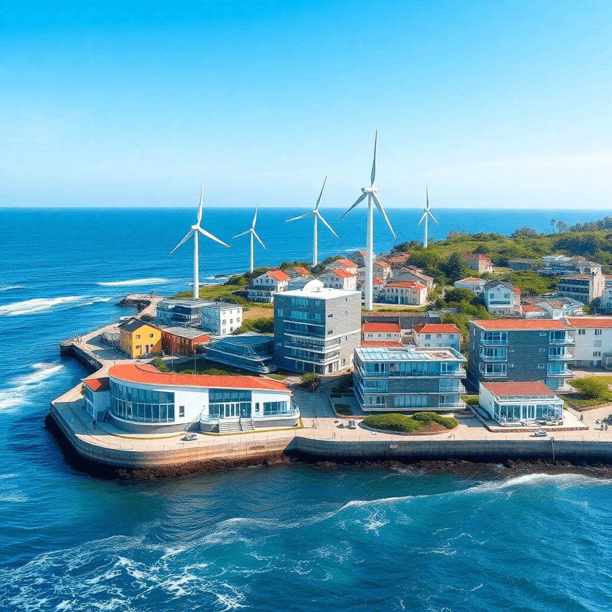 Paysage côtier avec des bâtiments modernes et durables, des éoliennes offshore, des générateurs marémoteurs, des vagues de mer calme et un ciel ble...