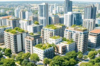Paysage urbain moderne avec des bâtiments à toit végétal, des panneaux solaires et des parcs verdoyants, illustrant le développement urbain durable...