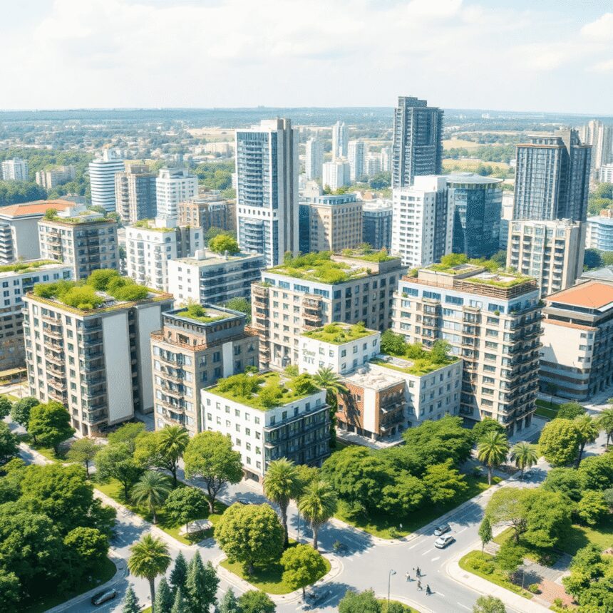 Paysage urbain moderne avec des bâtiments à toit végétal, des panneaux solaires et des parcs verdoyants, illustrant le développement urbain durable...