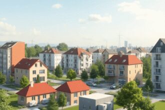 Paysage urbain moderne français avec des bâtiments, des pompes à chaleur géothermiques, des espaces verts et des symboles d'énergie renouvelable so...
