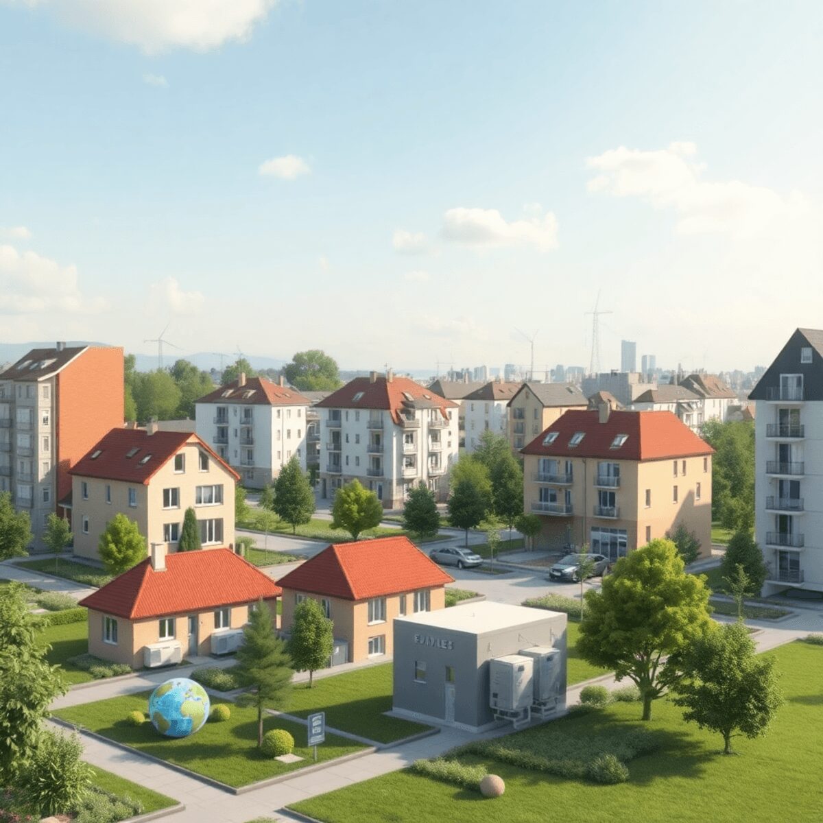 Paysage urbain moderne français avec des bâtiments, des pompes à chaleur géothermiques, des espaces verts et des symboles d'énergie renouvelable so...