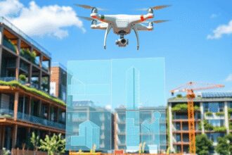 Site de construction moderne avec des drones, des modèles BIM 3D sur des écrans transparents, des matériaux écologiques et des bâtiments durables a...