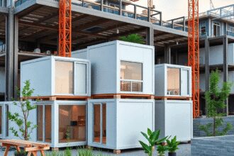 Site de construction moderne avec des unités modulaires, des plantes vertes et des panneaux solaires mettant en avant des méthodes de construction ...