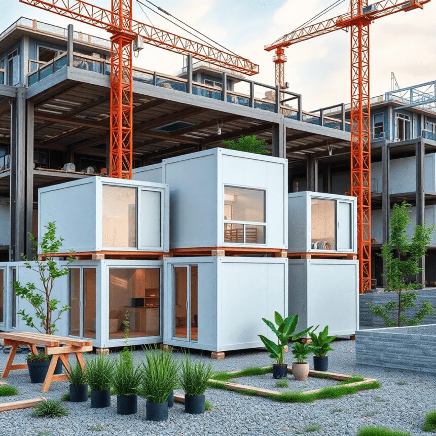 Site de construction moderne avec des unités modulaires, des plantes vertes et des panneaux solaires mettant en avant des méthodes de construction ...