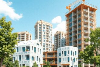Site de construction moderne et écologique avec des bâtiments en plastique recyclé, des arbres verts et un ciel dégagé symbolisant l'architecture d...