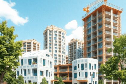Site de construction moderne et écologique avec des bâtiments en plastique recyclé, des arbres verts et un ciel dégagé symbolisant l'architecture d...