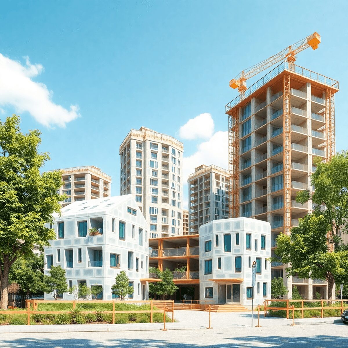 Site de construction moderne et écologique avec des bâtiments en plastique recyclé, des arbres verts et un ciel dégagé symbolisant l'architecture d...