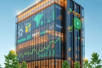 Un bâtiment intelligent moderne avec des interfaces numériques lumineuses et des flux de données, entouré de plantes vertes symbolisant une technol...