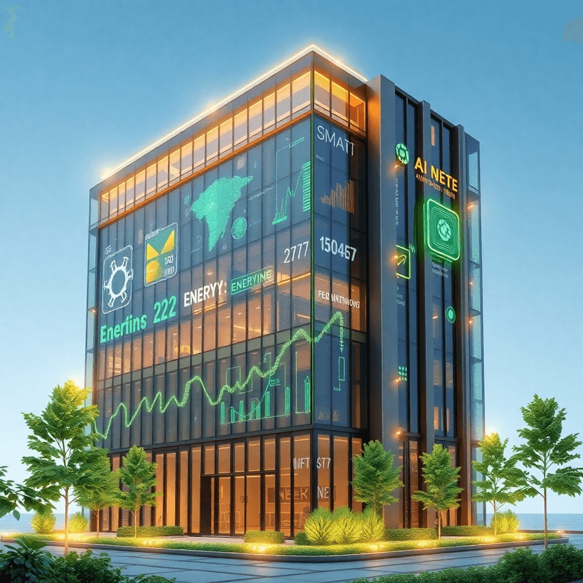 Un bâtiment intelligent moderne avec des interfaces numériques lumineuses et des flux de données, entouré de plantes vertes symbolisant une technol...