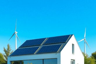 Un bâtiment moderne avec des panneaux solaires, des éoliennes, des batteries de stockage d'énergie, entouré de verdure sous un ciel bleu clair, sym...