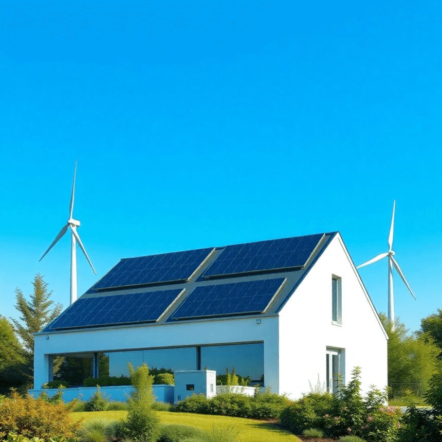 Un bâtiment moderne avec des panneaux solaires, des éoliennes, des batteries de stockage d'énergie, entouré de verdure sous un ciel bleu clair, sym...