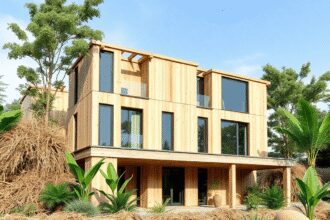 Un bâtiment moderne écologique en construction avec des matériaux naturels et des plantes vertes, se dressant contre un ciel bleu clair.