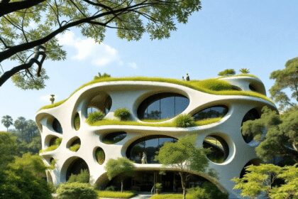 Un bâtiment moderne et durable avec des formes organiques et des toits végétalisés, entouré d'arbres luxuriants, mettant en valeur une architecture...