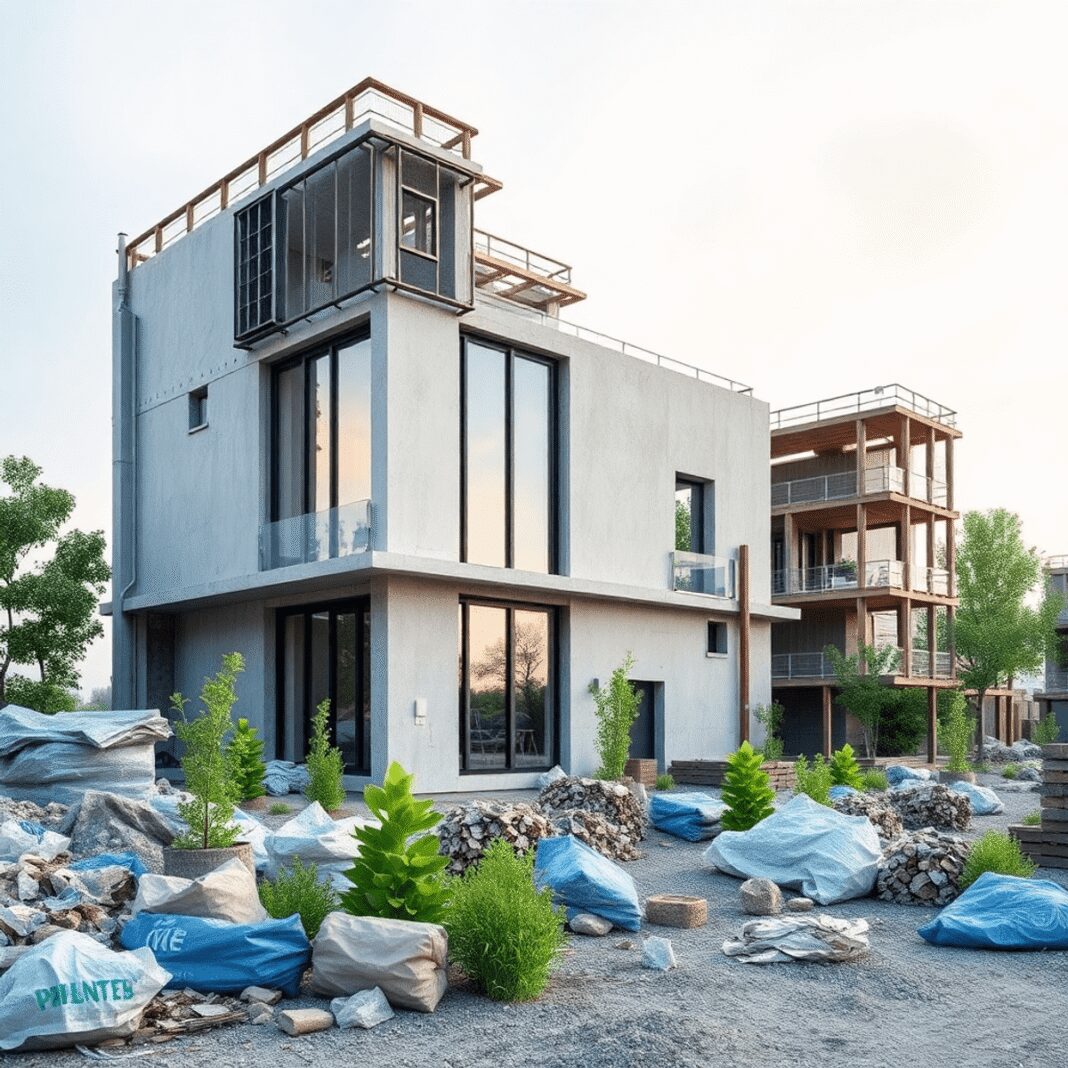 Vers une architecture zéro déchet : méthodes et exemples inspirants Un bâtiment moderne et durable en construction, entouré de matériaux recyclés et de plantes vertes, présentant une architecture zéro déchet et une ...