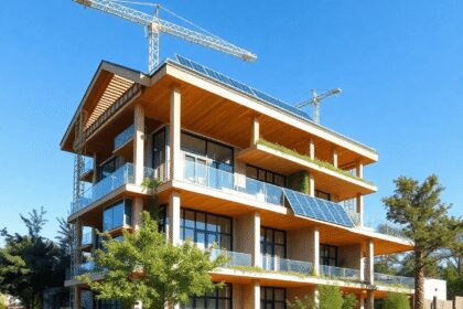 Un chantier de construction moderne avec des panneaux solaires, des arbres verts et des matériaux durables sous un ciel bleu clair.