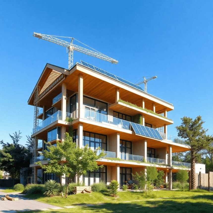 Un chantier de construction moderne avec des panneaux solaires, des arbres verts et des matériaux durables sous un ciel bleu clair.
