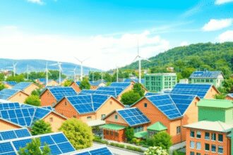 Un quartier moderne et durable avec des panneaux solaires, des éoliennes, des icônes de réseau intelligent et des bâtiments écologiques sous un cie...