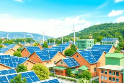 Un quartier moderne et durable avec des panneaux solaires, des éoliennes, des icônes de réseau intelligent et des bâtiments écologiques sous un cie...