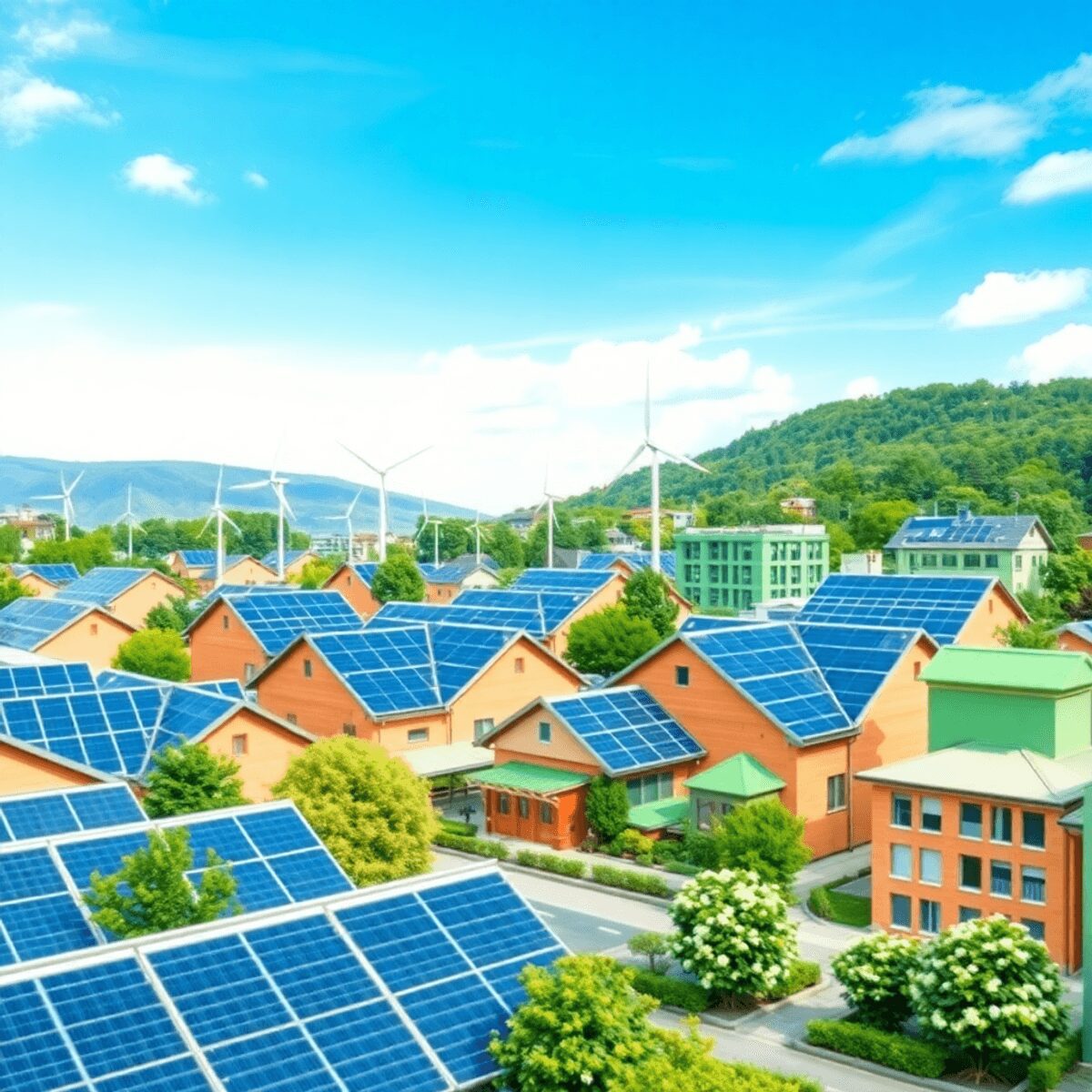 Un quartier moderne et durable avec des panneaux solaires, des éoliennes, des icônes de réseau intelligent et des bâtiments écologiques sous un cie...