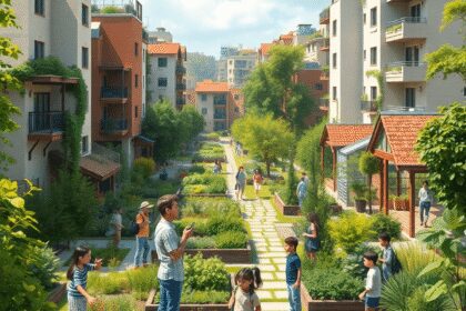 Un quartier urbain dynamique avec des espaces verts, des jardins communautaires, des bâtiments durables et des personnes collaborant à l'extérieur ...