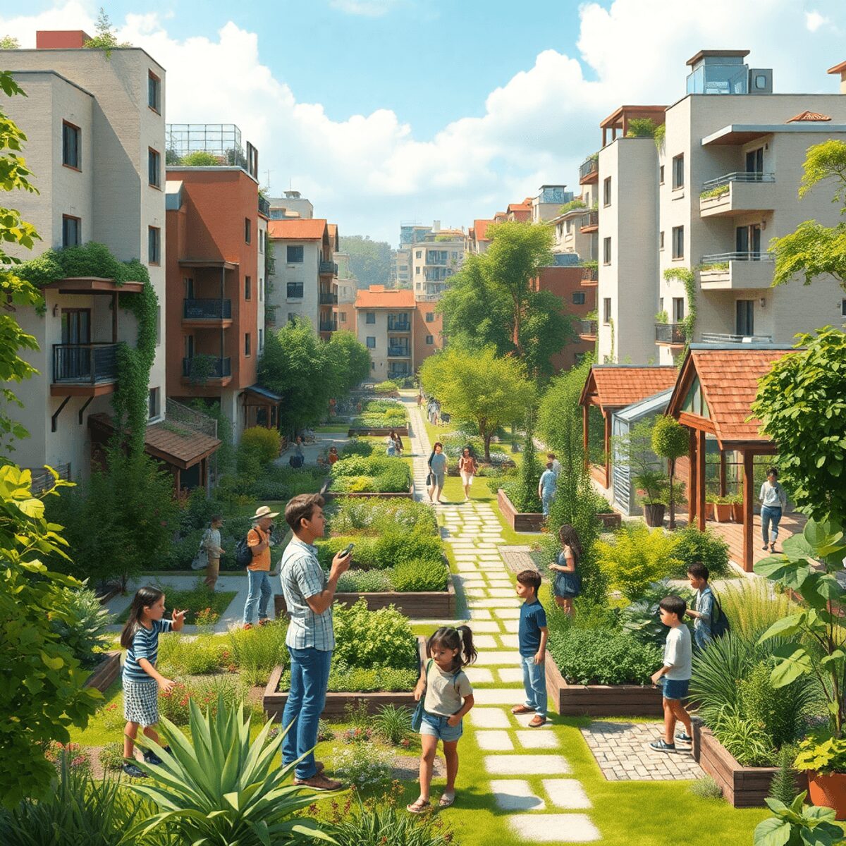 Un quartier urbain dynamique avec des espaces verts, des jardins communautaires, des bâtiments durables et des personnes collaborant à l'extérieur ...
