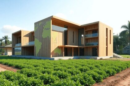 Un site de construction durable avec des matériaux en bois et en béton, des superpositions numériques BIM, entouré de champs verts représentant la ...