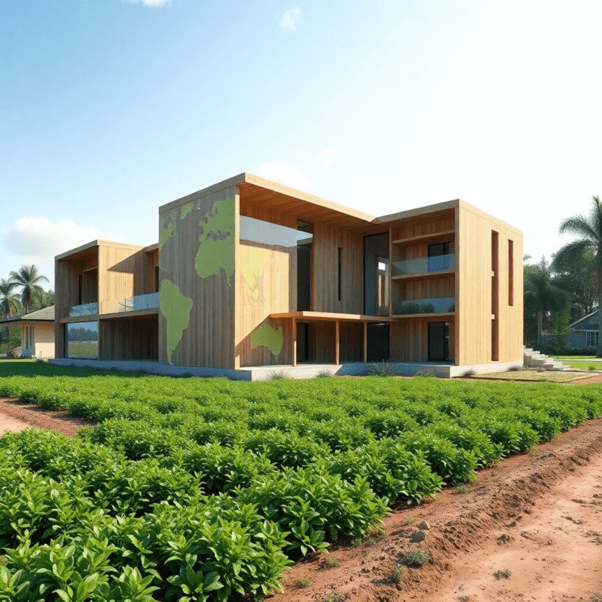 Un site de construction durable avec des matériaux en bois et en béton, des superpositions numériques BIM, entouré de champs verts représentant la ...