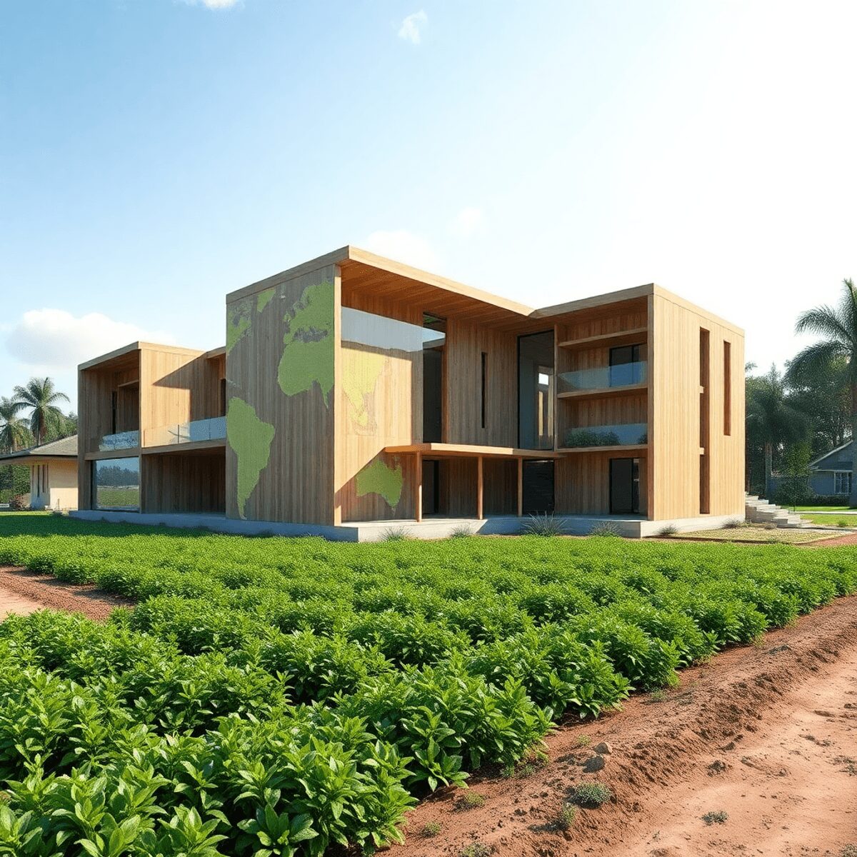 Un site de construction durable avec des matériaux en bois et en béton, des superpositions numériques BIM, entouré de champs verts représentant la ...