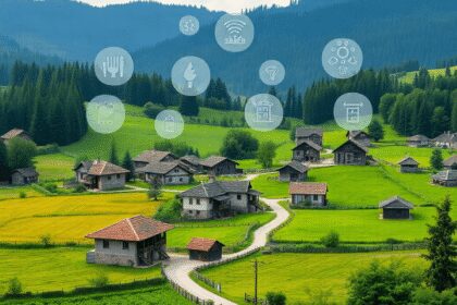 Un village rural paisible avec des maisons traditionnelles, des champs verdoyants et des forêts, présentant des icônes subtiles de ressources parta...