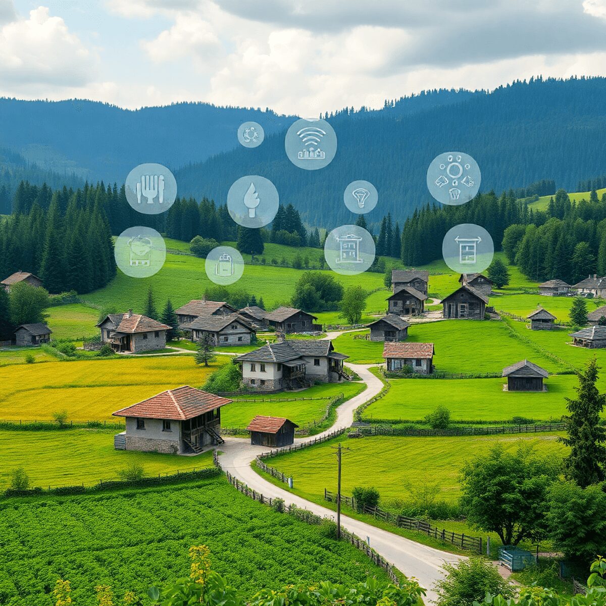 Un village rural paisible avec des maisons traditionnelles, des champs verdoyants et des forêts, présentant des icônes subtiles de ressources parta...