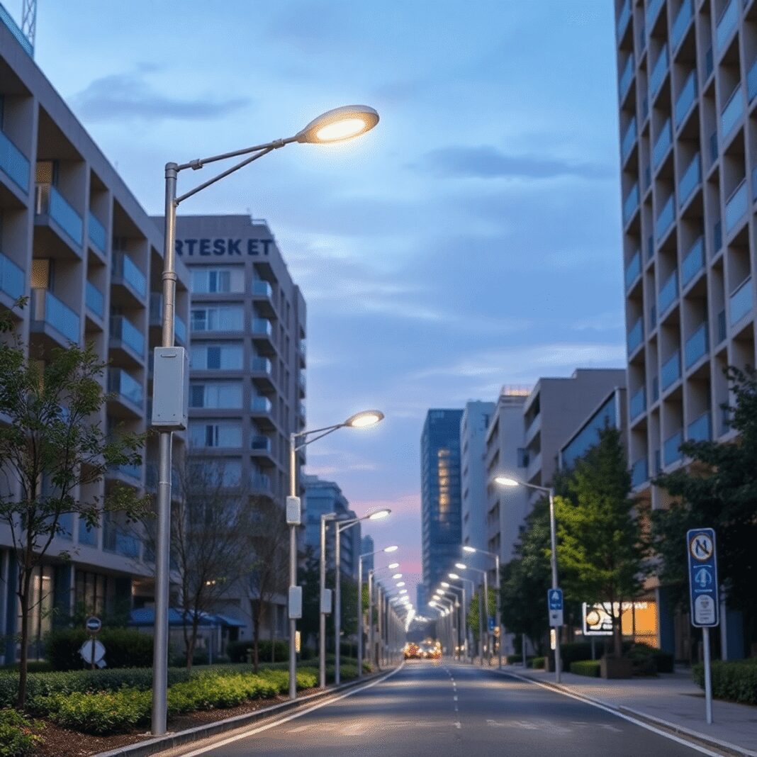 Gestion intelligente de l’éclairage public : impacts sur la consommation énergétique urbaine Une rue moderne de la ville au crépuscule avec des lampadaires LED intelligents, des capteurs visibles, des bâtiments écologiques et de la verdure,...
