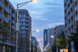 Une rue moderne de la ville au crépuscule avec des lampadaires LED intelligents, des capteurs visibles, des bâtiments écologiques et de la verdure,...