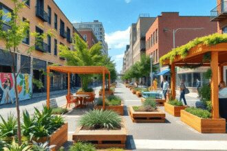 Une rue urbaine vibrante avec des parklets colorés, des espaces verts et des structures en bois durables sous un ciel lumineux.