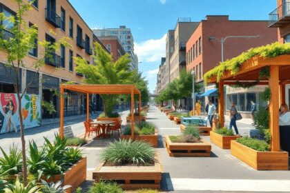 Une rue urbaine vibrante avec des parklets colorés, des espaces verts et des structures en bois durables sous un ciel lumineux.