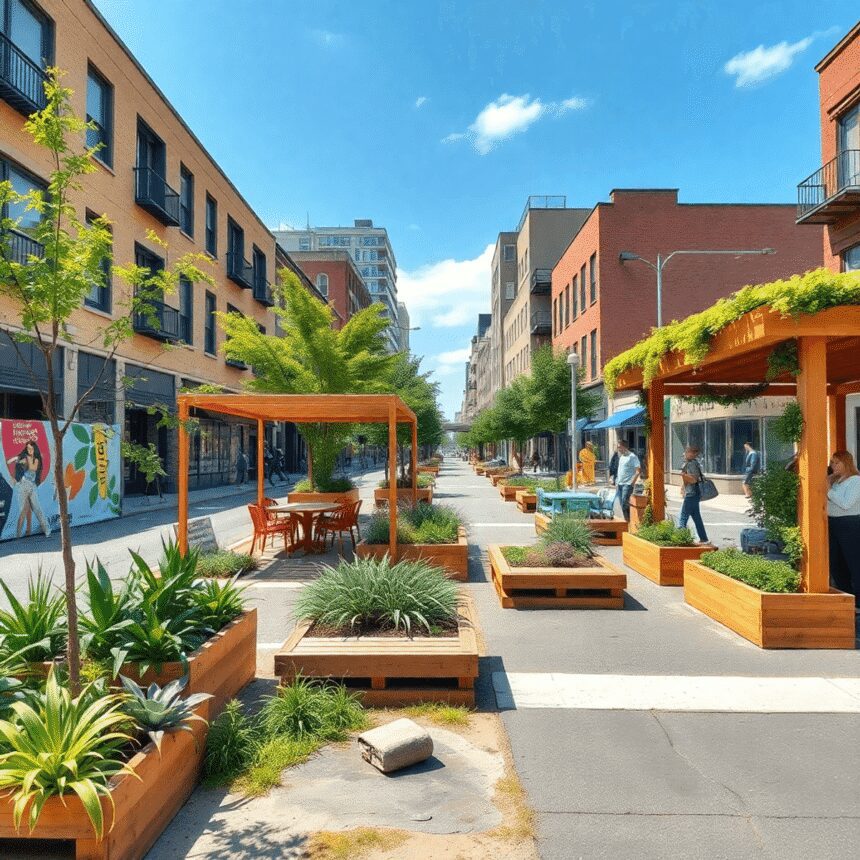 Une rue urbaine vibrante avec des parklets colorés, des espaces verts et des structures en bois durables sous un ciel lumineux.