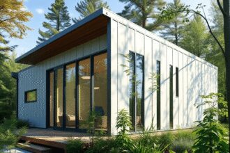 Bâtiment de santé modulaire moderne au Canada avec un design bioclimatique durable, entouré par la nature et la lumière du soleil mettant en valeur...