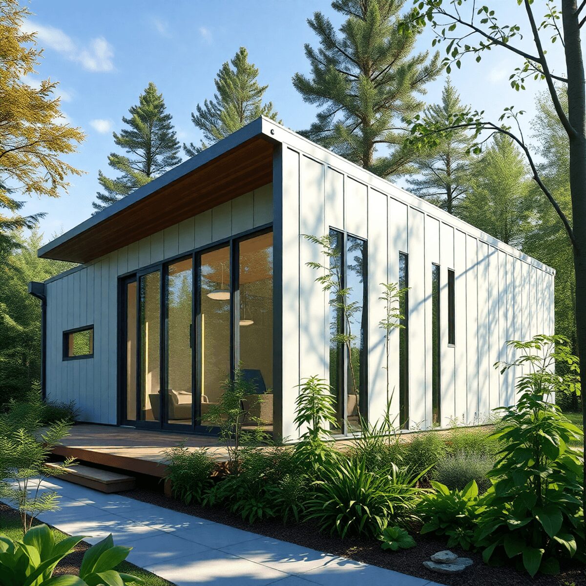 Bâtiment de santé modulaire moderne au Canada avec un design bioclimatique durable, entouré par la nature et la lumière du soleil mettant en valeur...