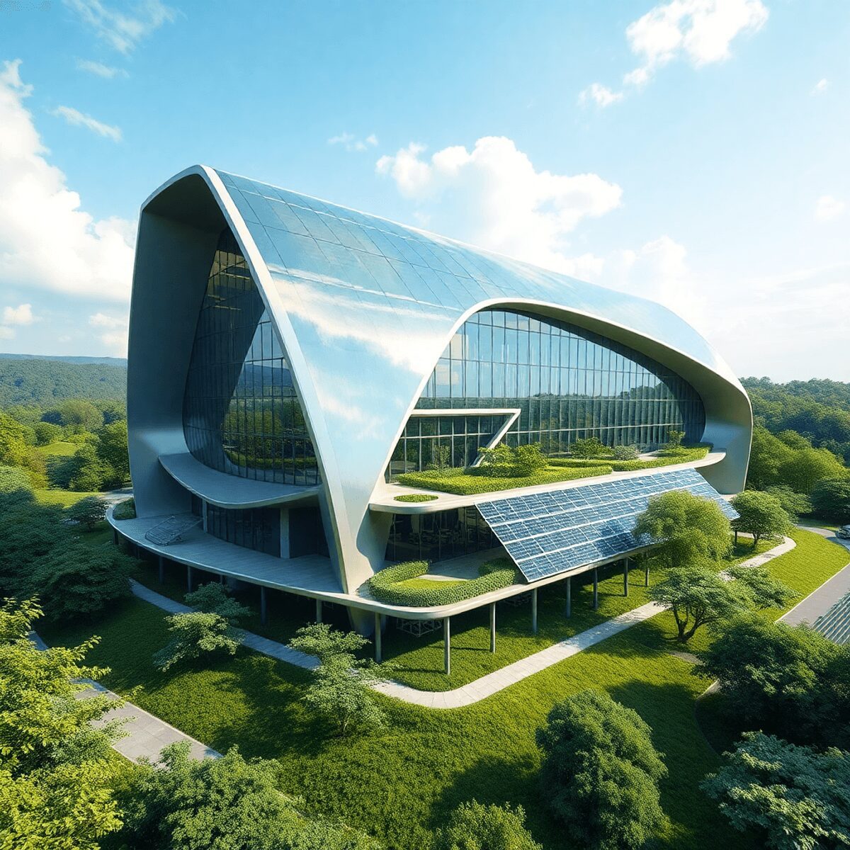 Bâtiment futuriste durable avec un design paramétrique élégant, entouré de verdure et de panneaux solaires, mettant en valeur une architecture écol...